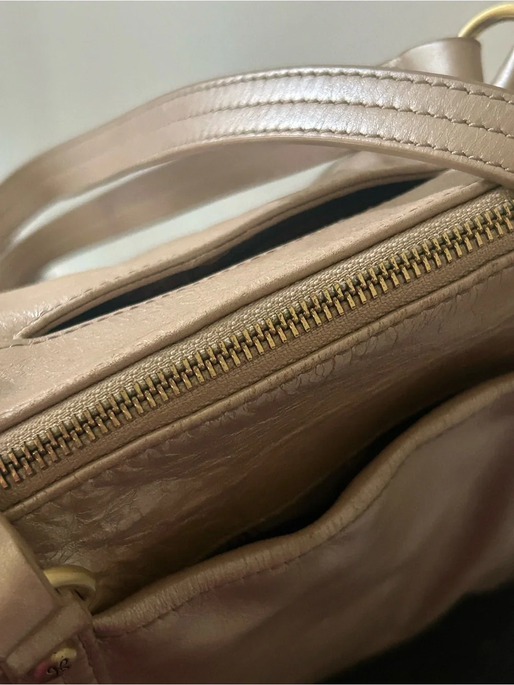 HOBO Metallic Gold Leather Ruched Boho Satchel Shoulder Bag Quiet Luxury